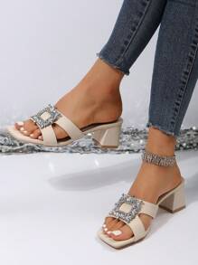 Giày sandal Mule quyến rũ cho nữ, giày sandal cao gót đính đá Rhinestone trang trí ngày lễ tình nhân - Màu be - Xem 2