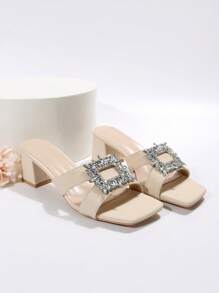 Giày sandal Mule quyến rũ cho nữ, giày sandal cao gót đính đá Rhinestone trang trí ngày lễ tình nhân - Màu be - Xem 4