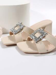 Giày sandal Mule quyến rũ cho nữ, giày sandal cao gót đính đá Rhinestone trang trí ngày lễ tình nhân - Màu be - Xem 5