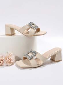 Giày sandal Mule quyến rũ cho nữ, giày sandal cao gót đính đá Rhinestone trang trí ngày lễ tình nhân - Màu be - Xem 6