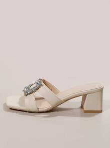 Giày sandal Mule quyến rũ cho nữ, giày sandal cao gót đính đá Rhinestone trang trí ngày lễ tình nhân - Màu be - Xem 8