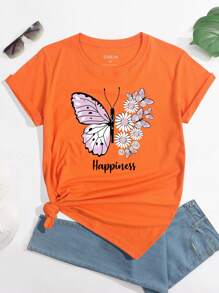 SHEIN Essnce Camiseta con mariposa con con estampado floral - Naranja - Ver 1