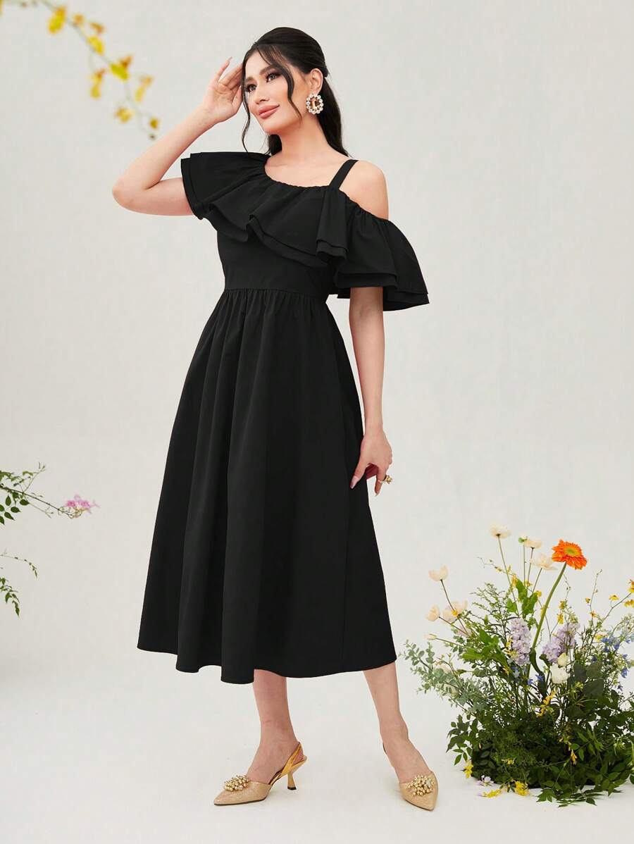 Mulvari 不對稱領荷葉邊洋裝 - 黑色 - 查看 1