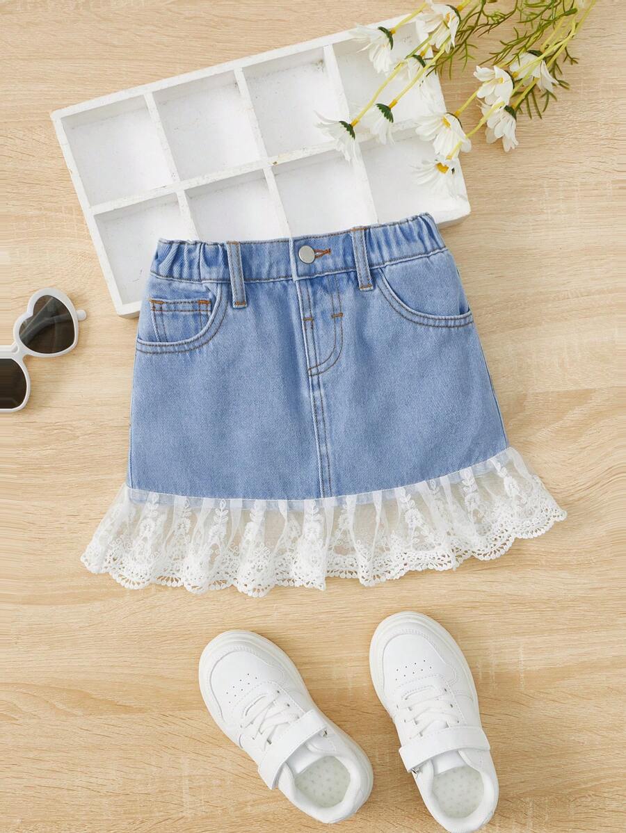 SHEIN 小女童蕾絲拼接荷葉邊牛仔半身裙 - 淺色水洗藍 - 查看 1