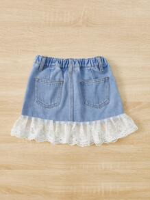 SHEIN 小女童蕾絲拼接荷葉邊牛仔半身裙 - 淺色水洗藍 - 查看 2