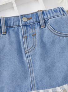 SHEIN 小女童蕾絲拼接荷葉邊牛仔半身裙 - 淺色水洗藍 - 查看 4