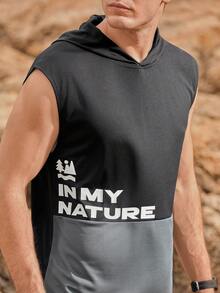 Manfinity Sport Corelite Men Letter Graphic Colourblock Hooded Sports Tank Top - Black - View 4