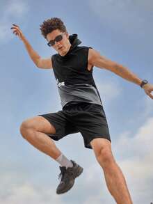 Manfinity Sport Corelite Men Letter Graphic Colourblock Hooded Sports Tank Top - Black - View 5