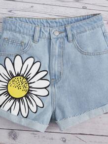 SHEIN Bé Gái Quần Shorts Denim Nút Túi Dây kéo Hoa - Rửa nhẹ - Xem 3