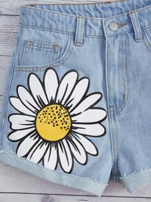 SHEIN Bé Gái Quần Shorts Denim Nút Túi Dây kéo Hoa - Rửa nhẹ - Xem 4