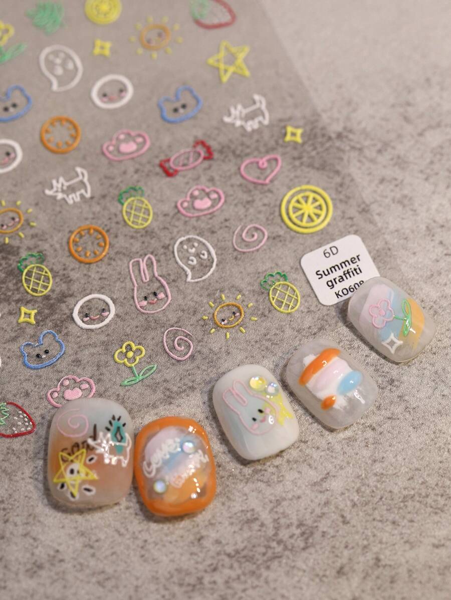 1sheet Cute Bear Rabbit Heart & Star Pattern 3D Nail Art Sticker, Mix-and-Match Summer Nail Art Decals For Home DIY - Multicolor - View 1