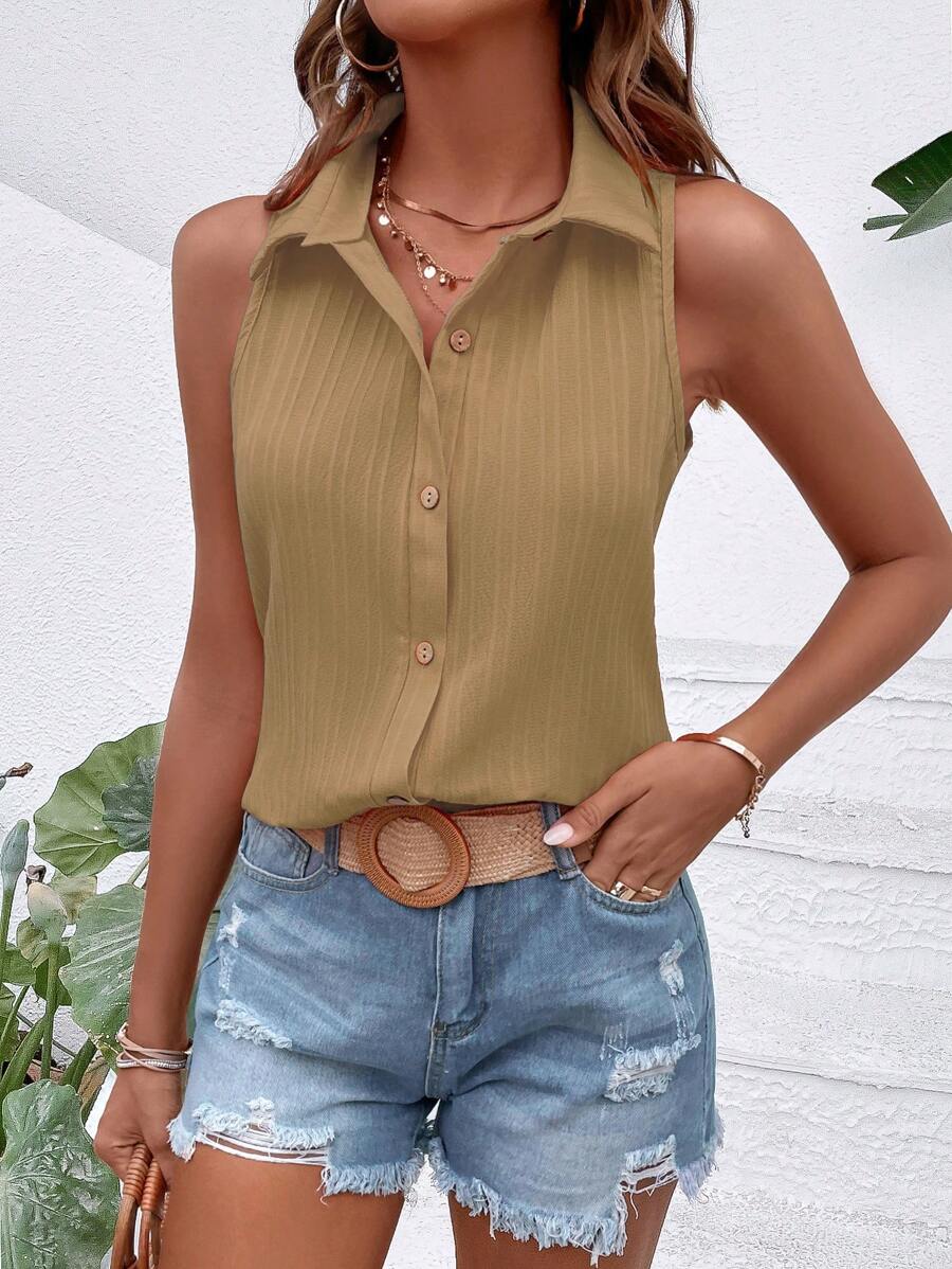 SHEIN LUNE Áo sơ mi nữ Nút phía trước màu trơn Giải trí - Màu Khaki - Xem 1