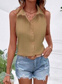 SHEIN LUNE Áo sơ mi nữ Nút phía trước màu trơn Giải trí - Màu Khaki - Xem 4