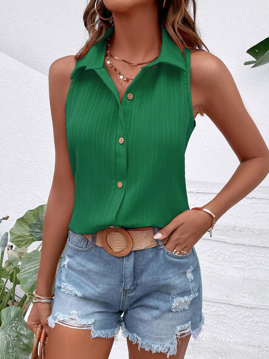EMERY ROSE 素色前紐扣無袖襯衫 - 綠色 - 查看 1
