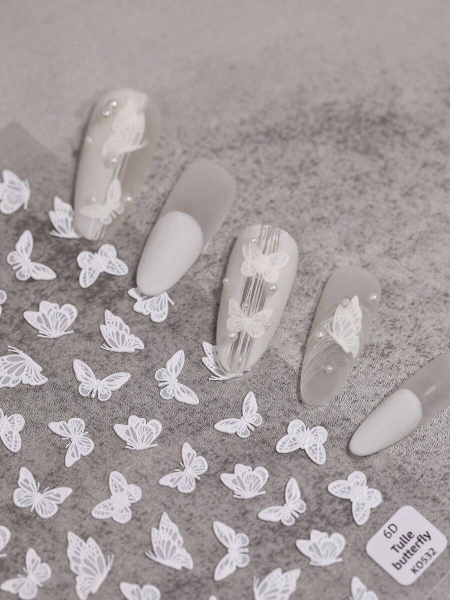 1 片浮雕/3D 浮雕蝴蝶美甲贴纸，黑色和白色，按压式指甲专用，贝壳极光蝴蝶结美甲贴纸，适合女士和女孩 DIY 使用 - 白色 - 查看 1