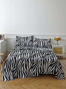 Zebra Pattern Flat Sheet Set Without Filler, 1pc Fitted Sheet & 1pc Flat Sheet & 2pcs Pillowcase, Modern Soft Bed Sheet Set For Bedroom - Black and White - View 3