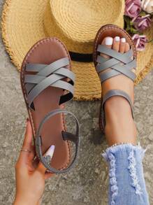 Xăng đan quai ngang mắt cá thanh lịch cho nữ, Xăng đan đế bằng quai chéo - Xám - Xem 1