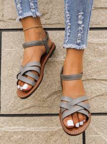 Xăng đan quai ngang mắt cá thanh lịch cho nữ, Xăng đan đế bằng quai chéo - Xám - Xem 2