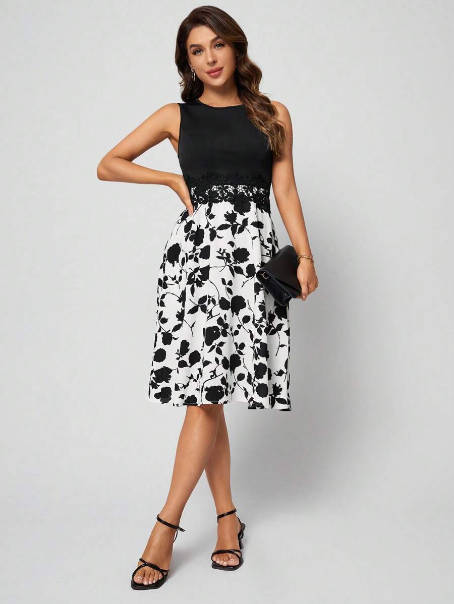 SHEIN Clasi 印花水溶蕾絲拼接連衣裙 - 黑與白 - 查看 1