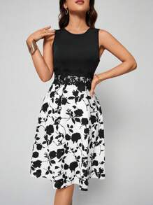 SHEIN Clasi 印花水溶蕾絲拼接連衣裙 - 黑與白 - 查看 5