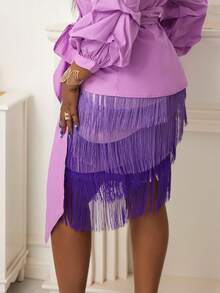 Plus Fringe Trim Bodycon Skirt - Purple - View 2