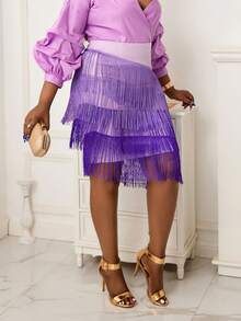 Plus Fringe Trim Bodycon Skirt - Purple - View 4