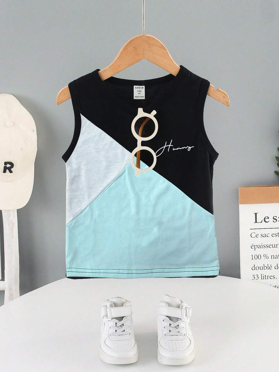 SHEIN 小男童字母圖案撞色背心上衣 - 彩色 - 查看 1