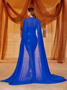 Tương phản Sequin Lớp phủ lưới Váy bodycon Với Cape - Xanh đậm - Xem 2