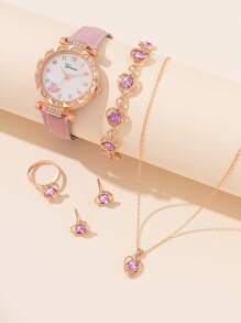6入組卡通海豚女童手錶手鍊項鍊戒指耳環珠寶 - 粉色 - 查看 4