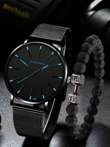 1pc Kids Metal Strap Casual Round Dial Quartz Watch & 1pc Bracelet For Daily Life - Black - View 1