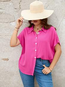 SHEIN LUNE Plus Batwing Sleeve Button Front Shirt - Hot Pink - View 3