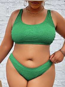 SHEIN Swim Curve Plus Size Solid Bikini Set Summer Beach - Green - View 3