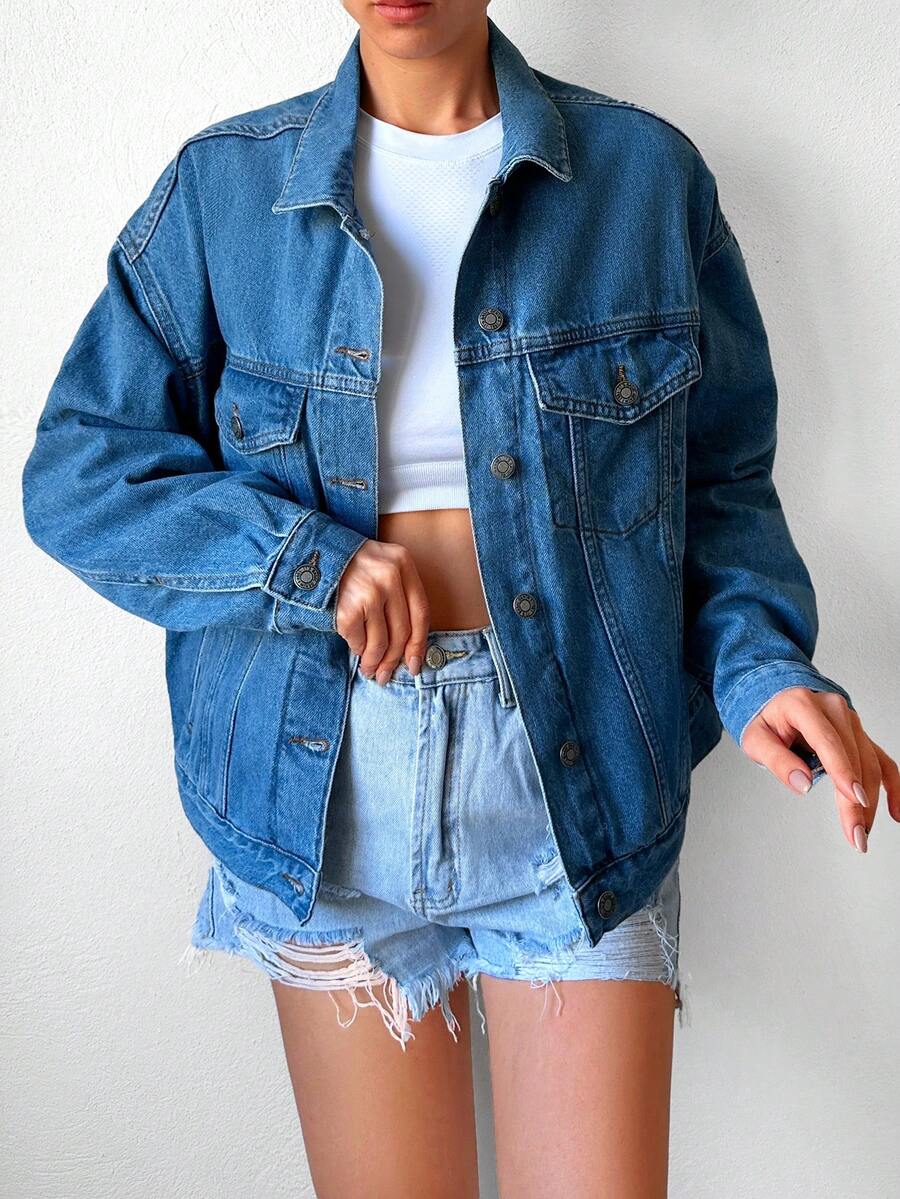 Cottnline Cazadora mezclilla con bolsillo con solapa de hombros caídos - Azul lavado medio - Ver 1