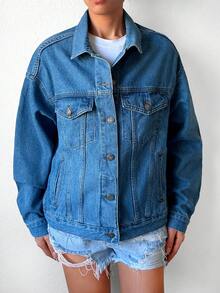 Cottnline Cazadora mezclilla con bolsillo con solapa de hombros caídos - Azul lavado medio - Ver 3