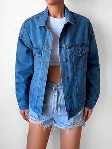 Cottnline Cazadora mezclilla con bolsillo con solapa de hombros caídos - Azul lavado medio - Ver 5