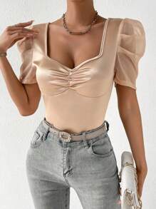 SHEIN Privé Áo liền quần ôm nữ Xù màu trơn Thanh lịch - Màu be - Xem 1