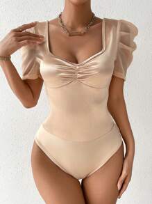 SHEIN Privé Áo liền quần ôm nữ Xù màu trơn Thanh lịch - Màu be - Xem 3