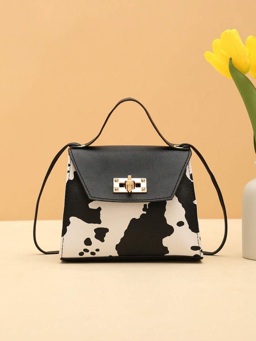 奶牛圖案翻蓋方包扭鎖頂部單條提帶 - 黑與白 - 查看 1