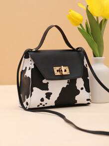 奶牛圖案翻蓋方包扭鎖頂部單條提帶 - 黑與白 - 查看 2