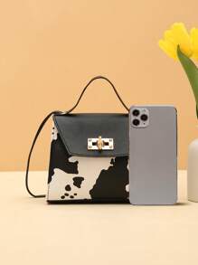 奶牛圖案翻蓋方包扭鎖頂部單條提帶 - 黑與白 - 查看 5