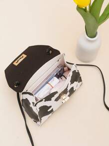 奶牛圖案翻蓋方包扭鎖頂部單條提帶 - 黑與白 - 查看 6