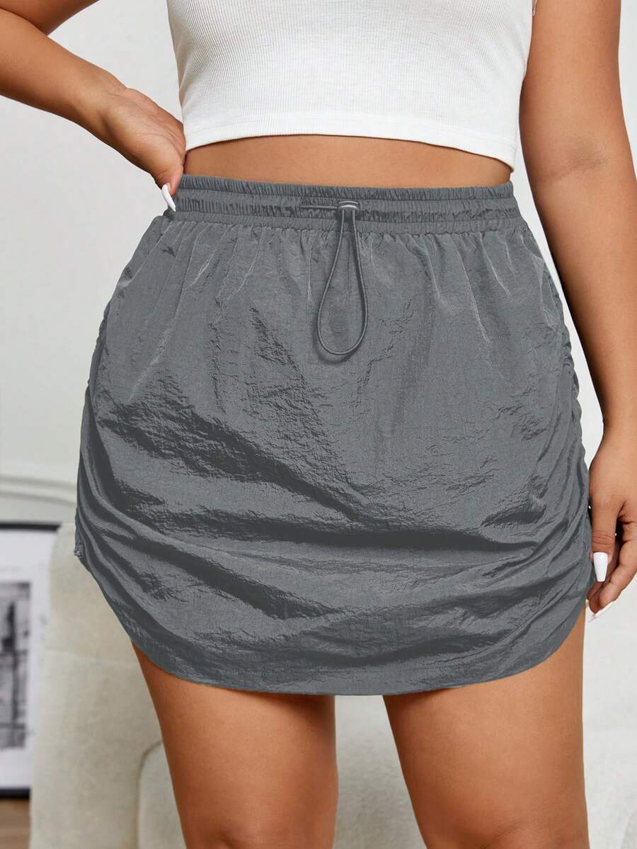 SHEIN EZwear Plus Drawstring Waist Ruched Skirt - Grey - View 1
