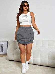 SHEIN EZwear Plus Drawstring Waist Ruched Skirt - Grey - View 5