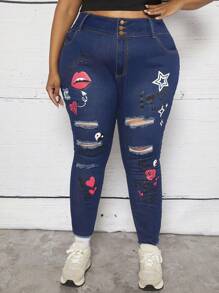 SHEIN CURVE+ 大碼星星和嘴唇印花破洞緊身牛仔褲 - 深色水洗藍 - 查看 7