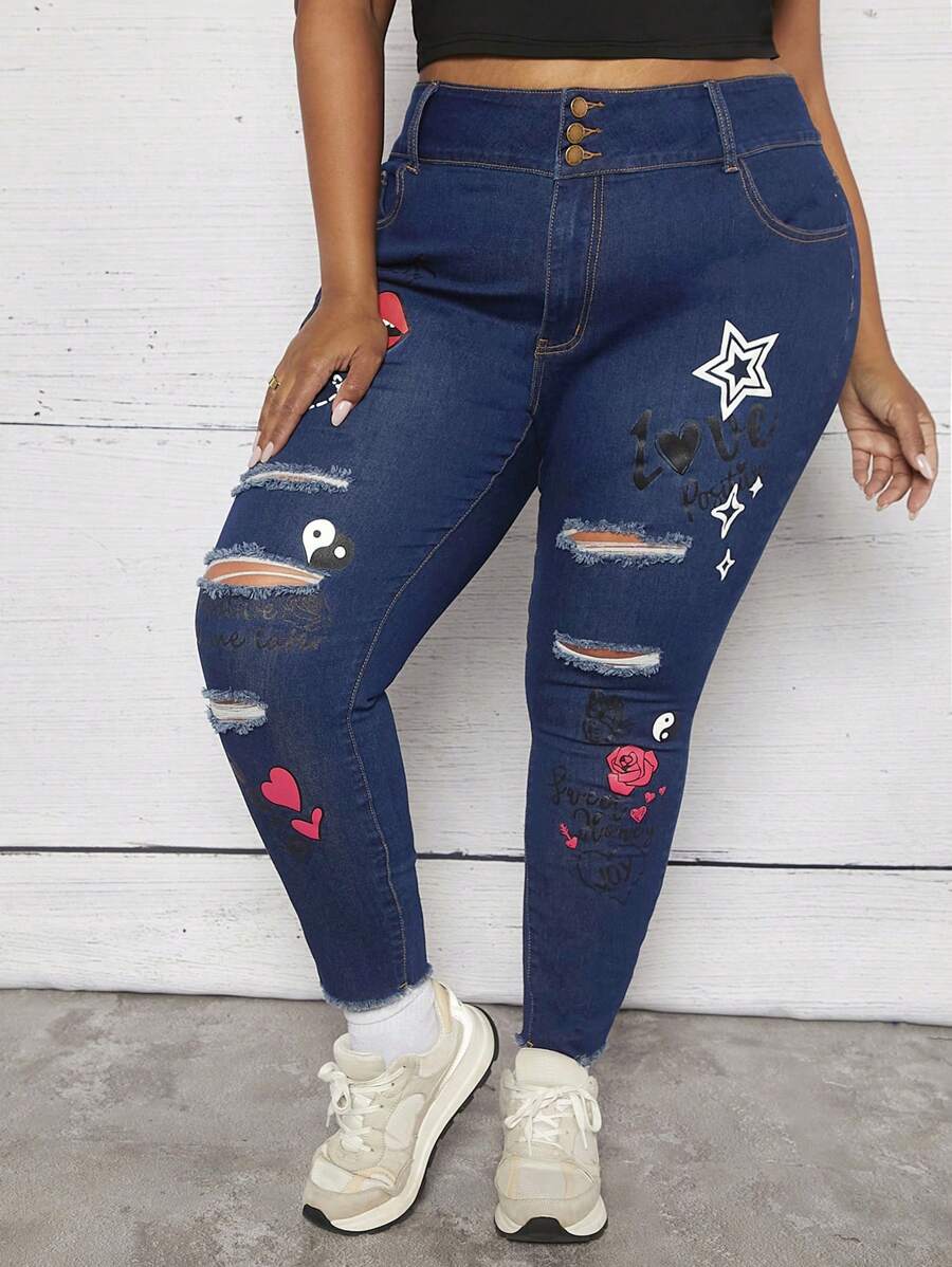 SHEIN CURVE+ Plus Star & Lip Print Ripped Skinny Jeans - Dark Wash - View 1