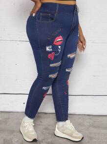 SHEIN CURVE+ 大碼星星和嘴唇印花破洞緊身牛仔褲 - 深色水洗藍 - 查看 5