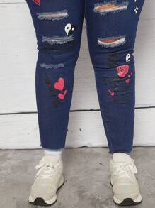 SHEIN CURVE+ 大碼星星和嘴唇印花破洞緊身牛仔褲 - 深色水洗藍 - 查看 6