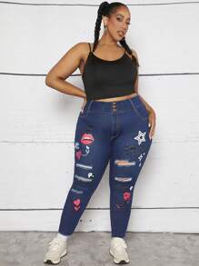 SHEIN CURVE+ 大碼星星和嘴唇印花破洞緊身牛仔褲 - 深色水洗藍 - 查看 3