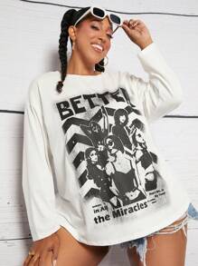 SHEIN CURVE+ Hơn Đồ họa Hình & Chữ cái Áo thun Thả vai - trắng - Xem 3