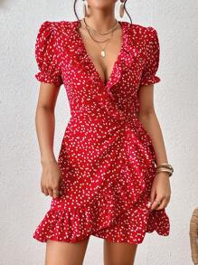 SHEIN VCAY Heart Print Ruffle Trim Wrap Knot Side Dress - Red - View 1